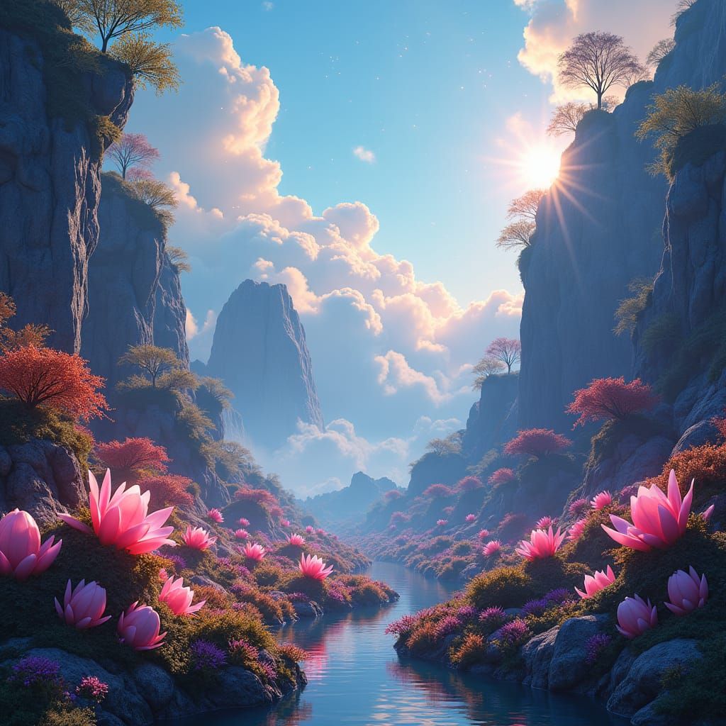 Ethereal Fantasy Realm with Glowing Flora