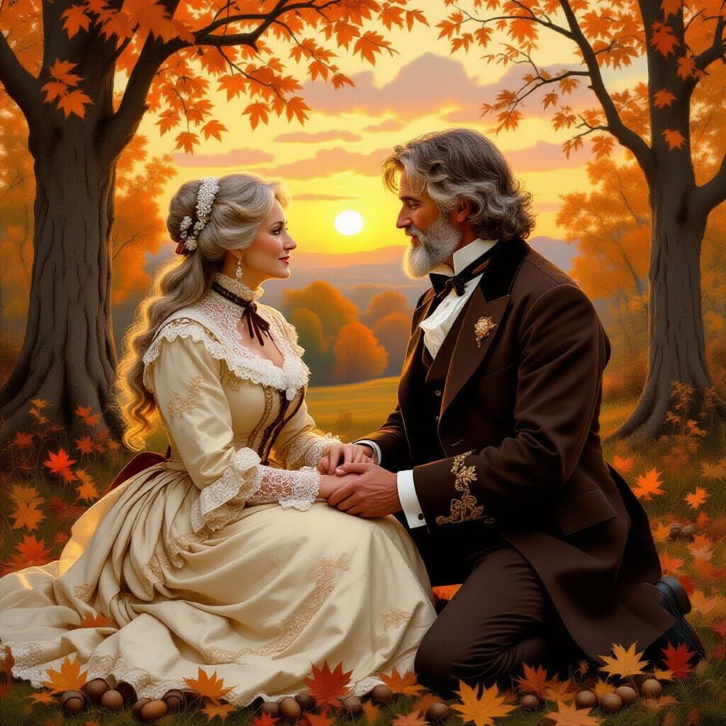 Victorian Couple's Loving Autumn Embrace in Pre-Raphaelite S...