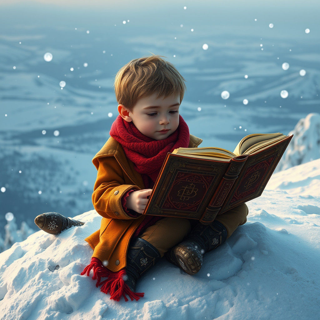 Boy Reads Magical Books on Snowy Hill