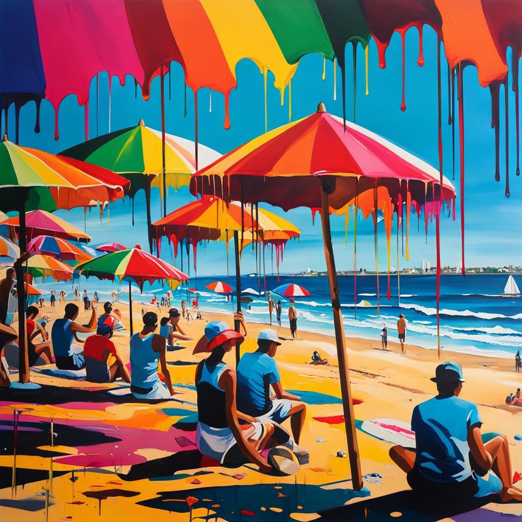 Vibrant Beach Scene in Graffiti Style with Acrylic Splatters