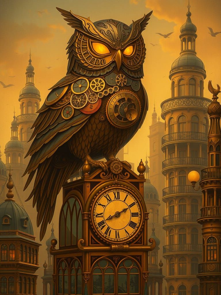 Mechanical Owl in Art Nouveau Clockwork City