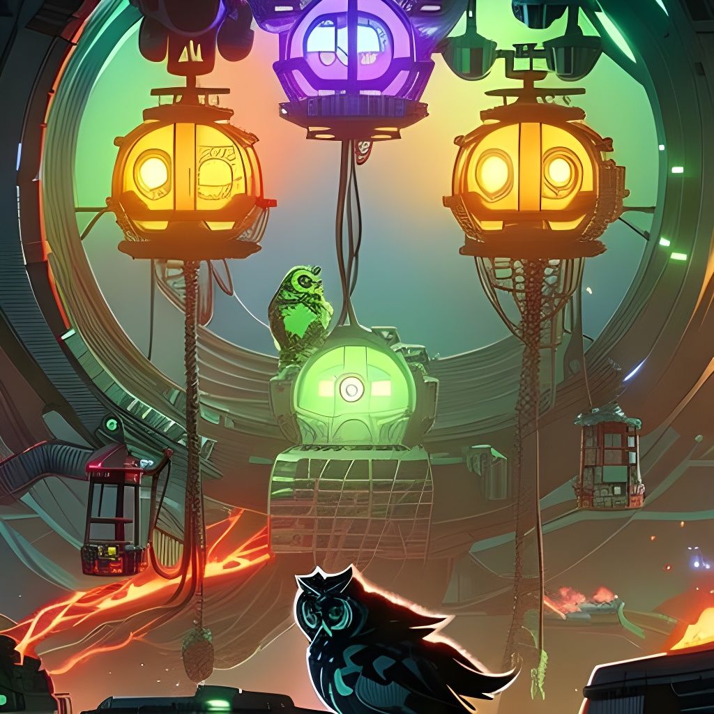 Rainbow Space Owls in Treehouse, Detailed Lineart