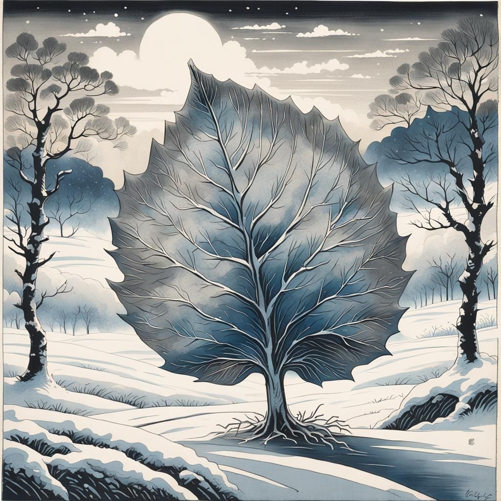 Frozen Tree on Snowy Plain in Ukyo-e Style