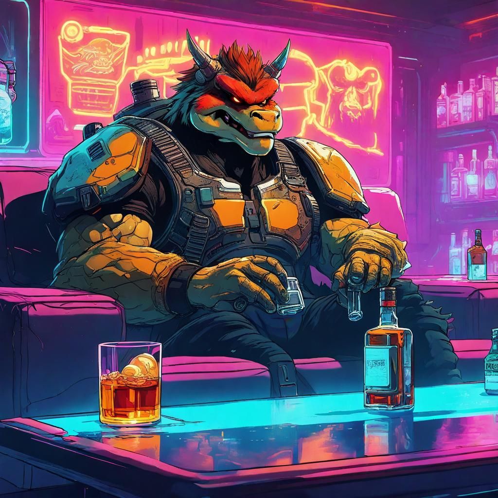 Cybernetic Bowser in Neon Lounge