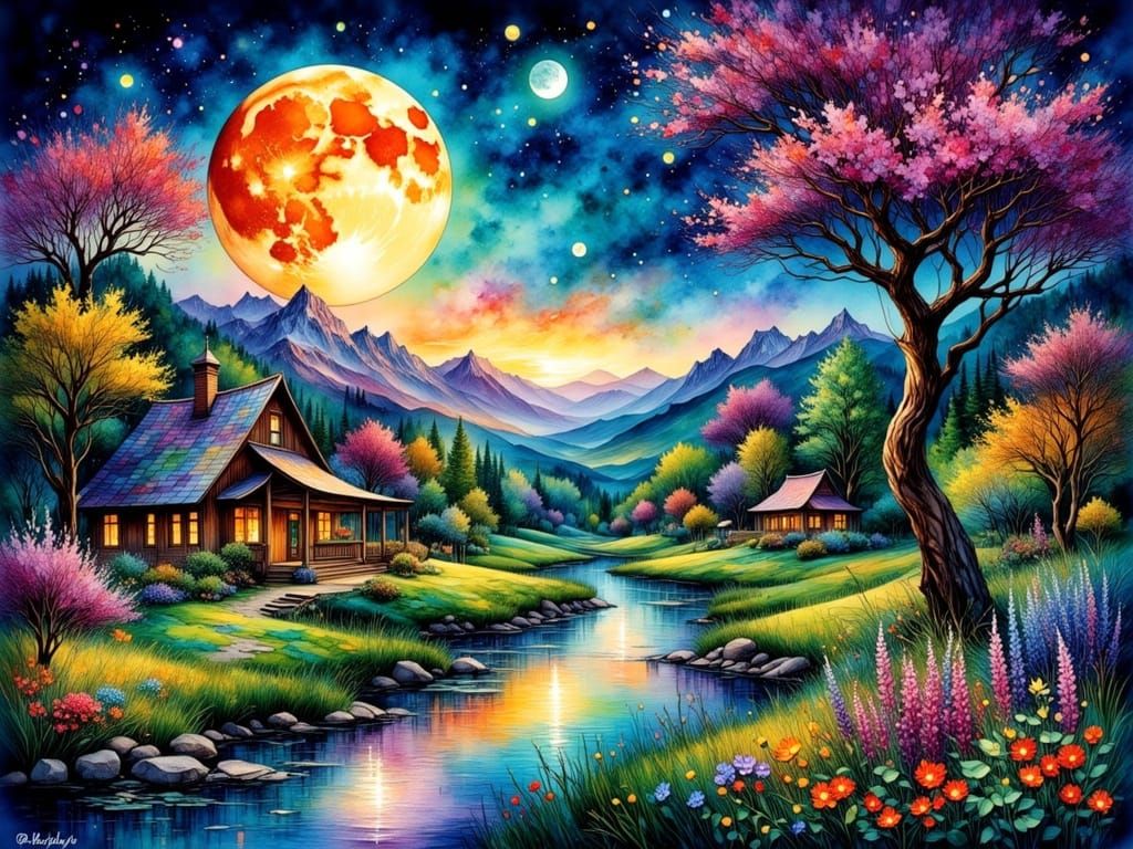 Magical Spring Garden Under Moonlight