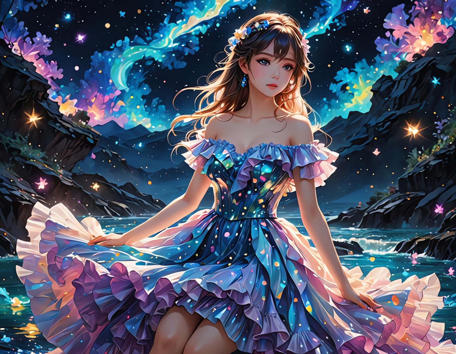 Neon Dress in Galaxy Sky: 3D Anime Art