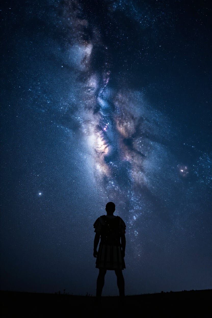 Roman Soldier Silhouetted Against Hyper-Detailed Milky Way