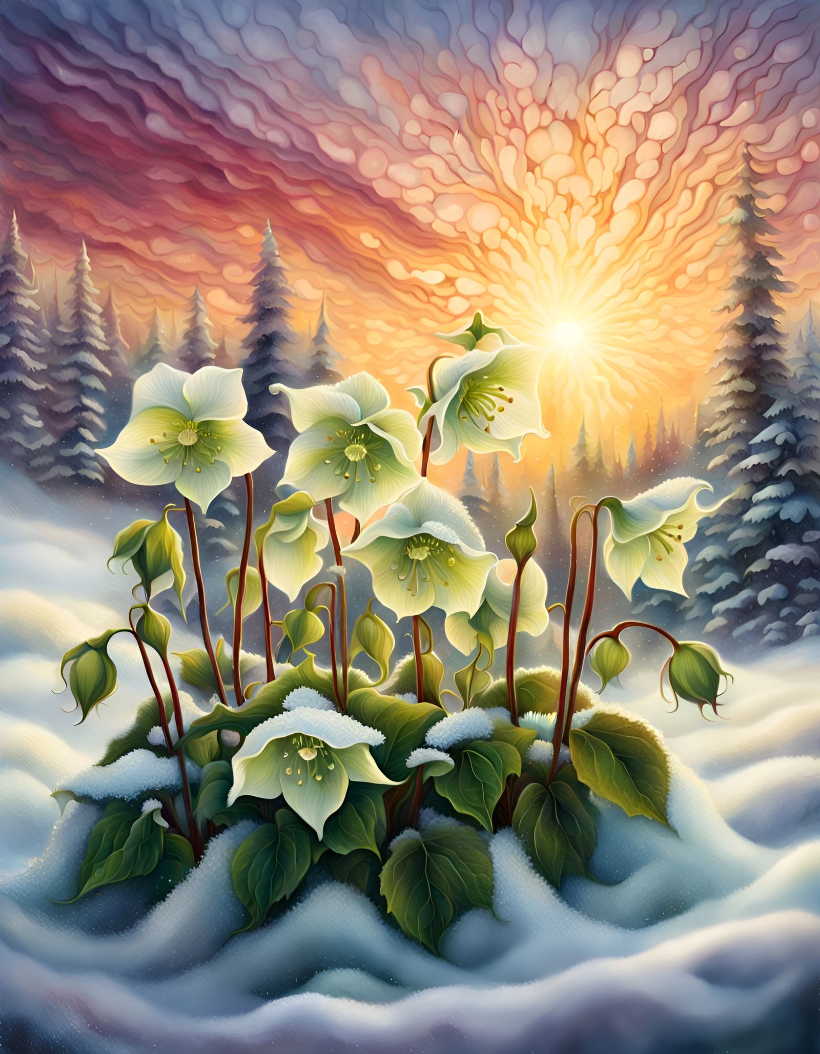 Lenten Roses in Snow: Neo-Impressionist Sunset