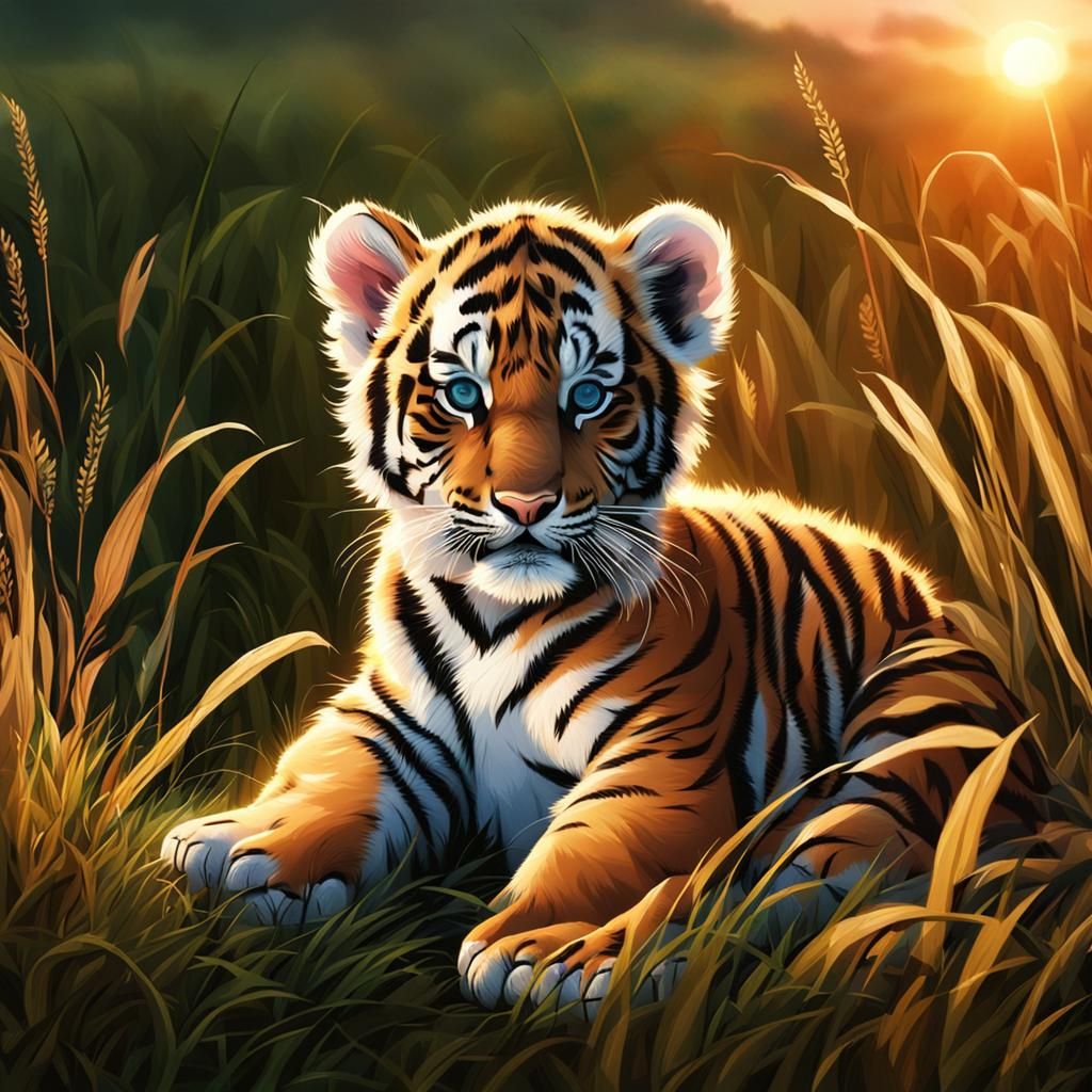 Cute Baby Tiger at Sunset