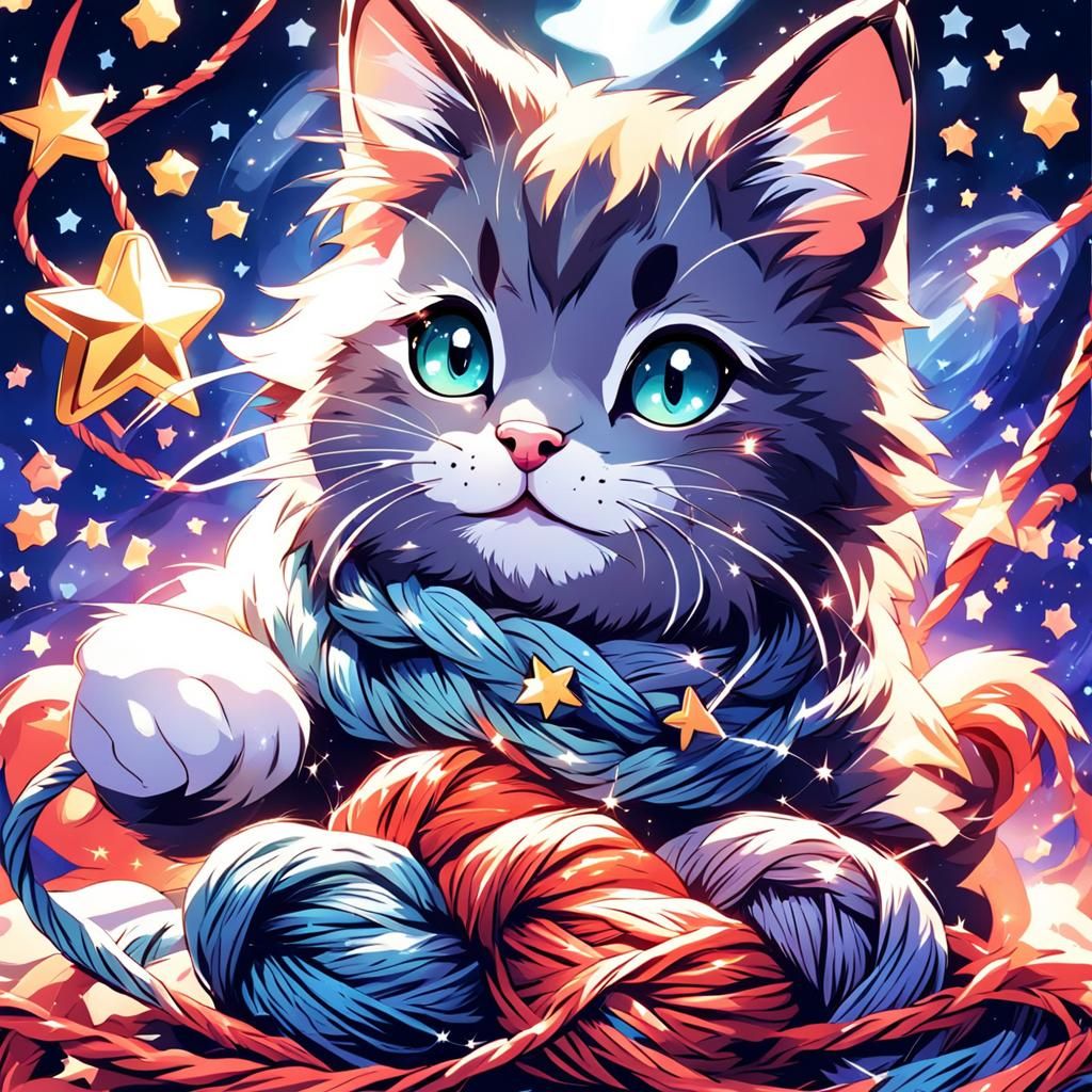 Smiling Cat with Yarn in Anime Style