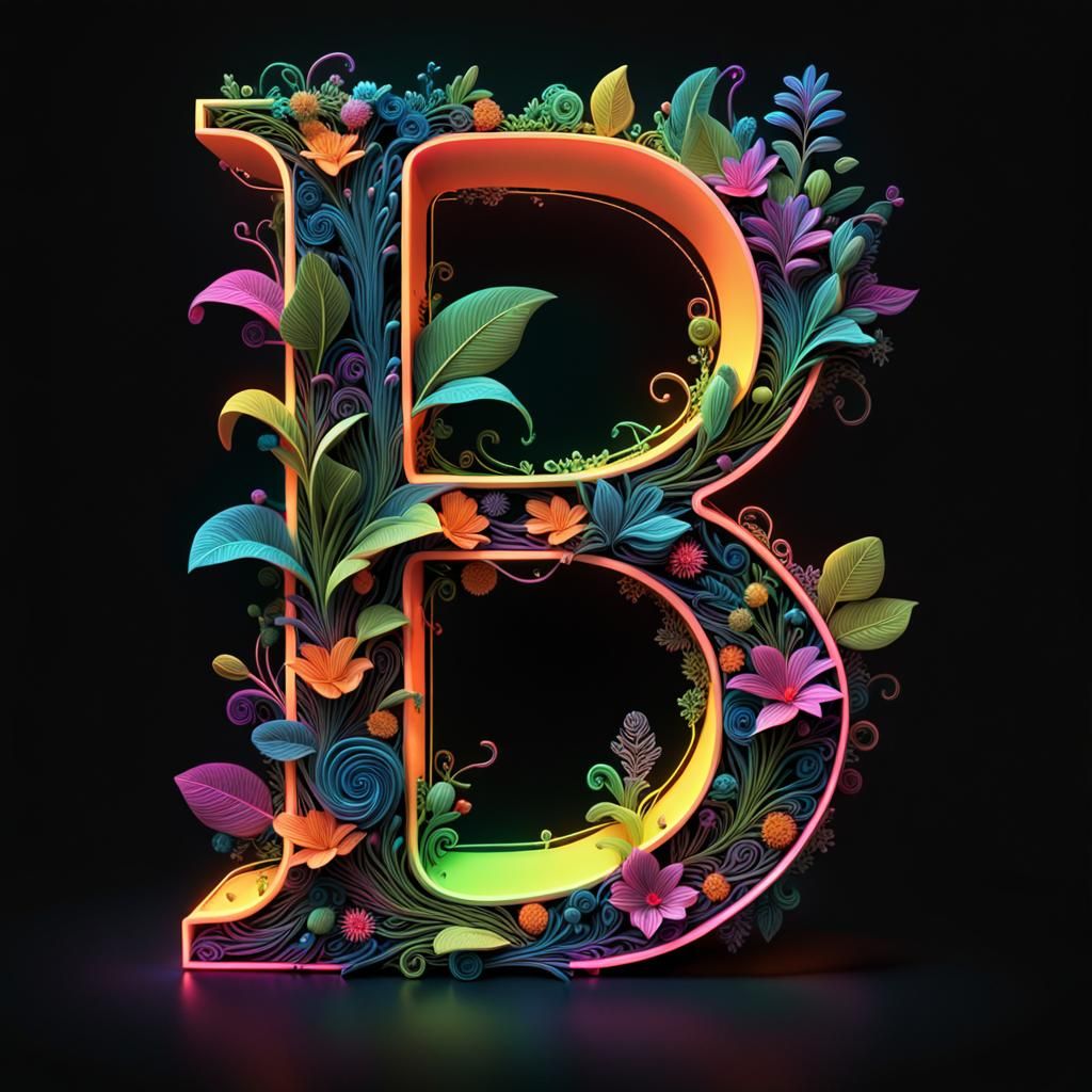 Neon Letter A with Filigree Plants in Splash Art Style