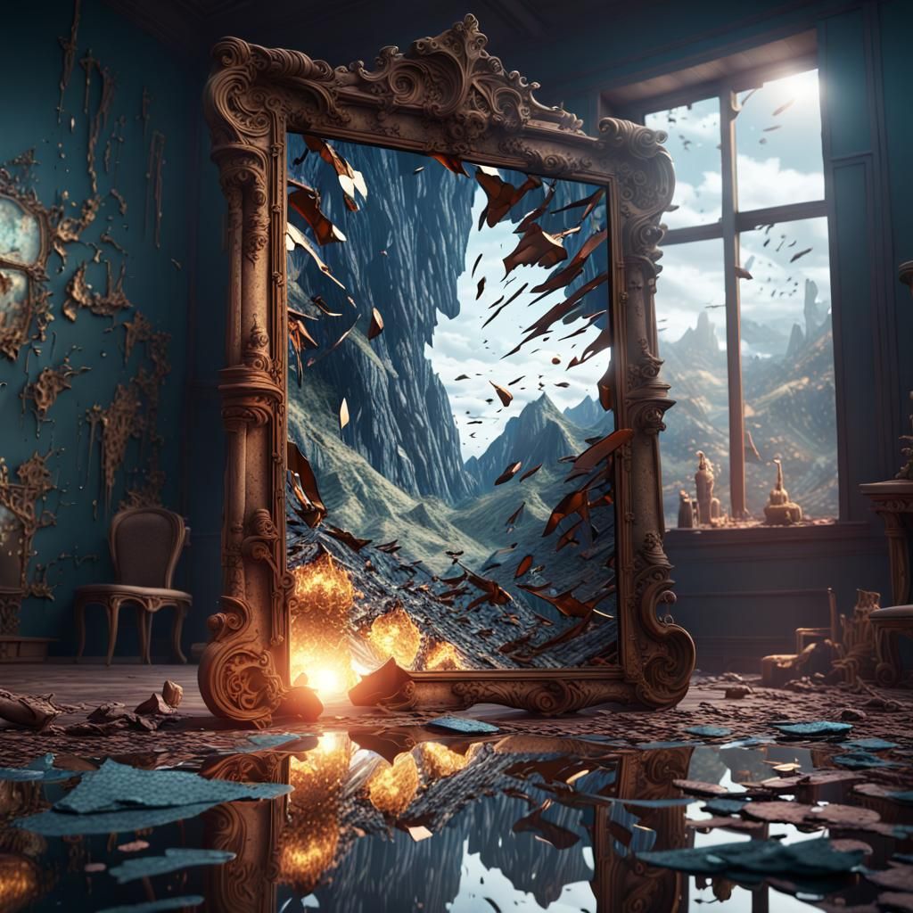 Shattered Mirror Reflects a Distorted Fantasy Scene
