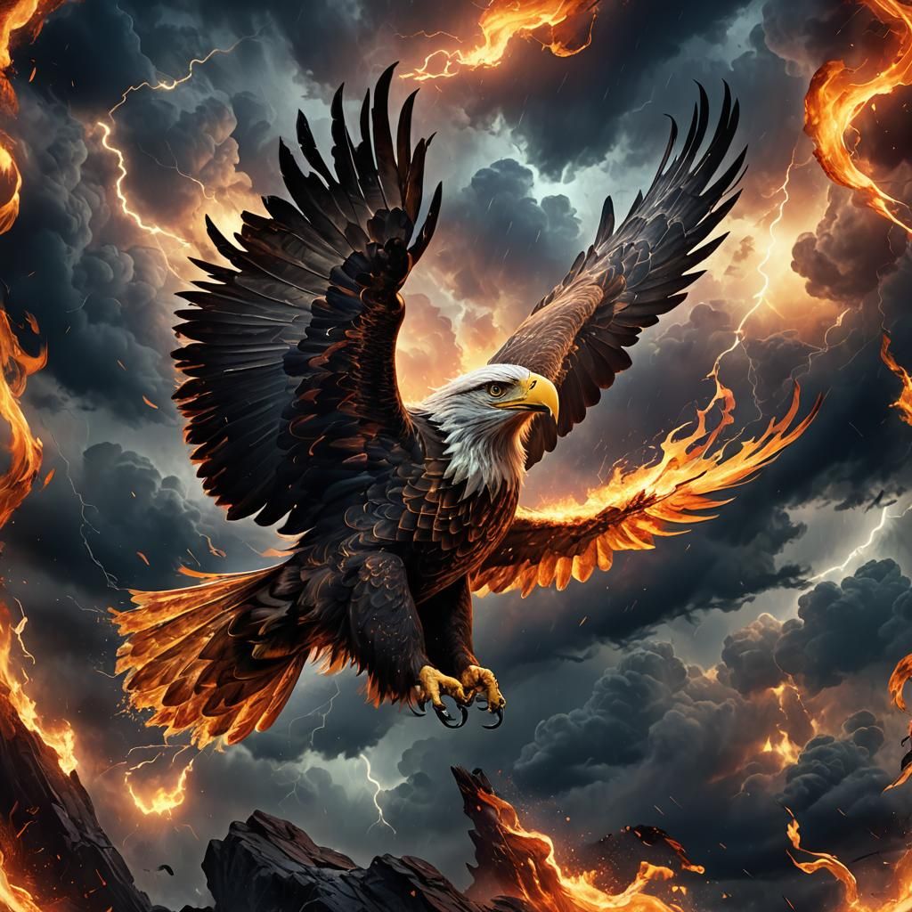 Eagle Ablaze Soaring Through Stormy Sky