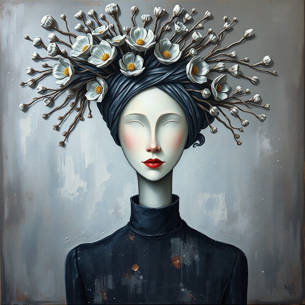 Naive Artistic Portrait with Sculptural Hair and Impasto Flo...