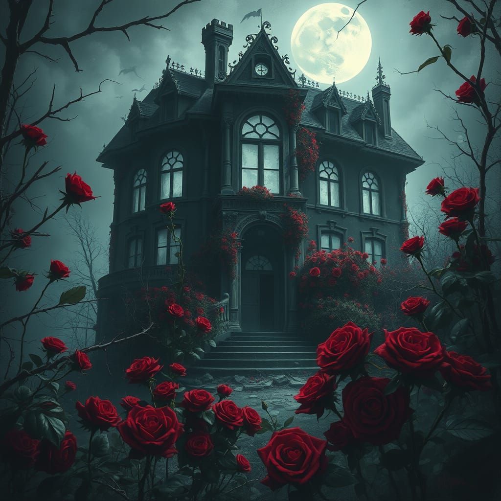 Decaying Gothic Mansion in Moonlight, Dark Fantasy Art