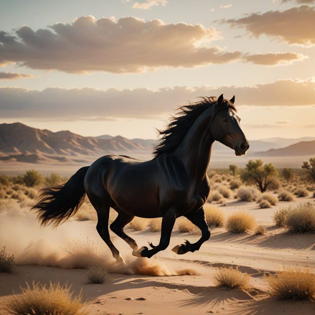 Ethereal Black Stallion in Desert Sunset