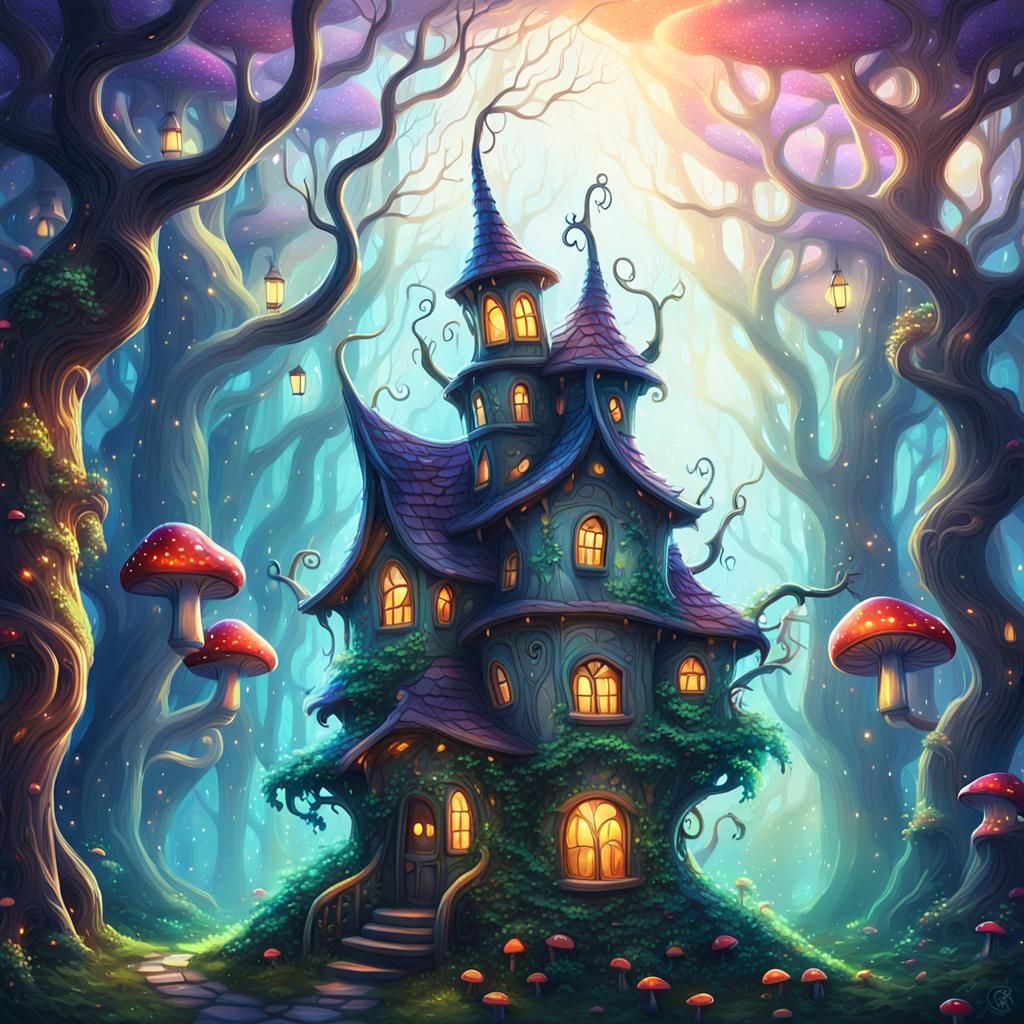 Whimsical Treehouse in Lush Forest: Digital Art