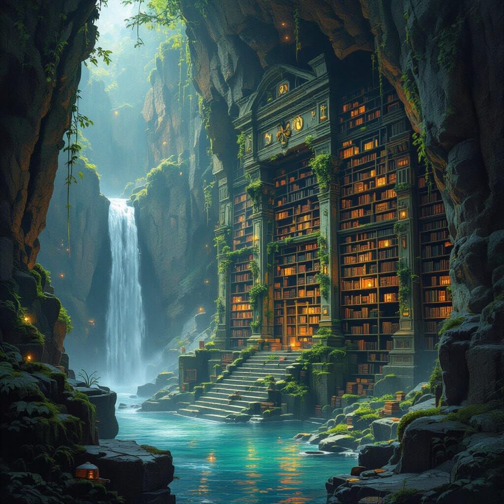 Ancient Cliff Library with Bioluminescent Fungi
