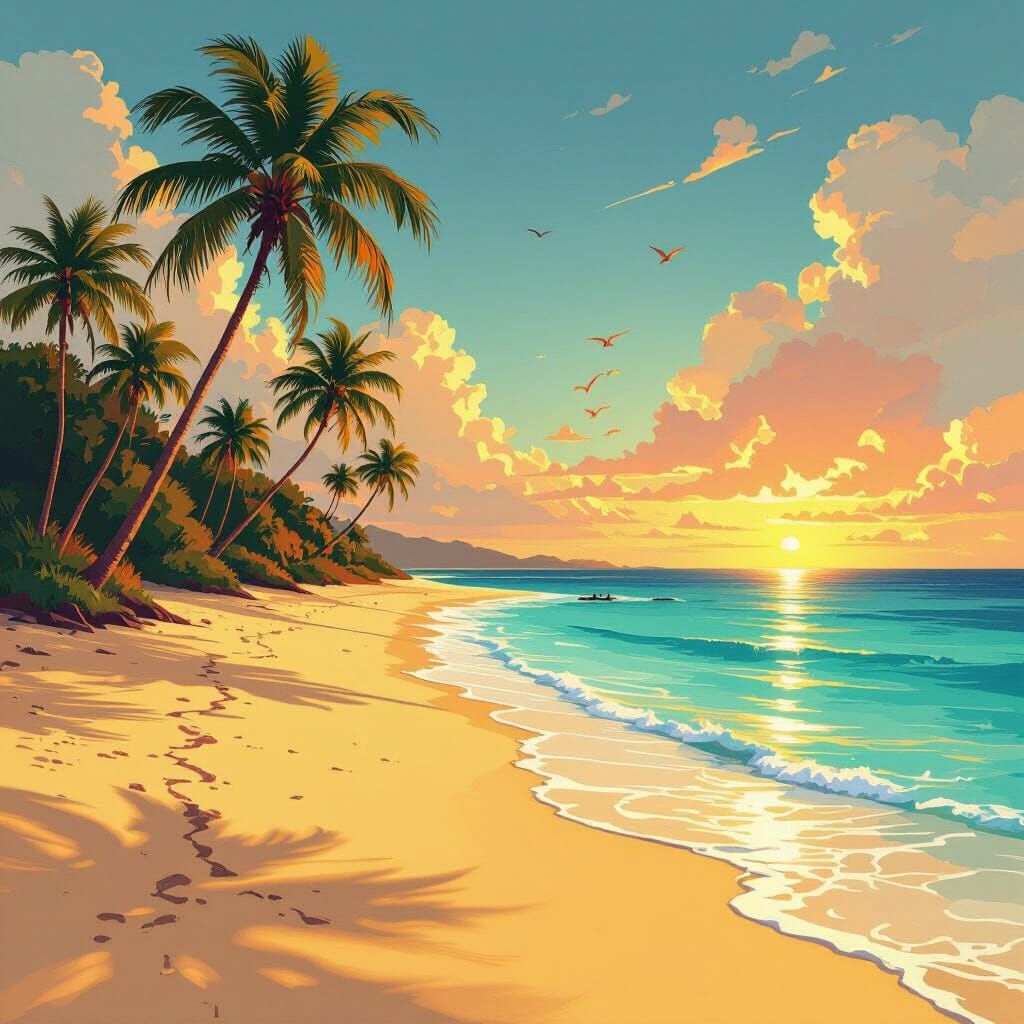 Golden Beaches in Vibrant Digital Art Style