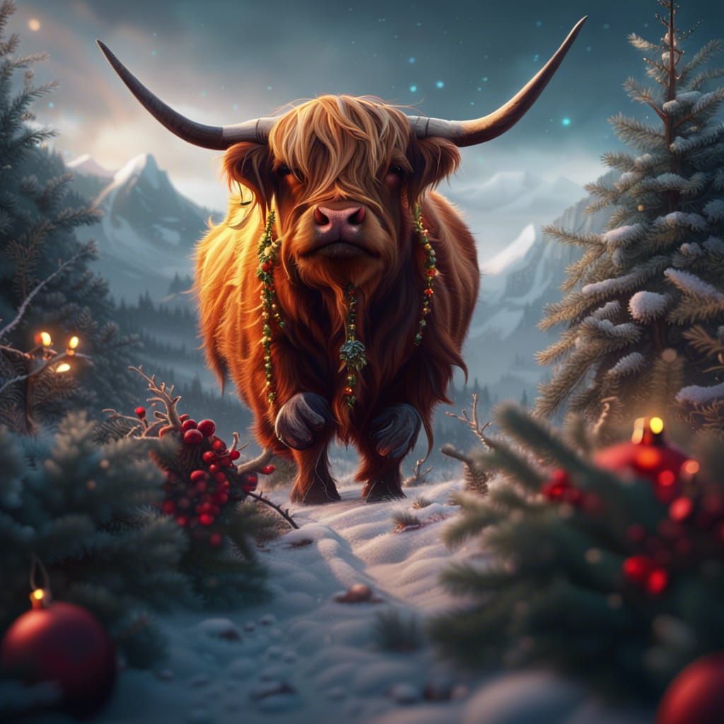 Festive Christmas Highland Cow in Detailed Matte Painting