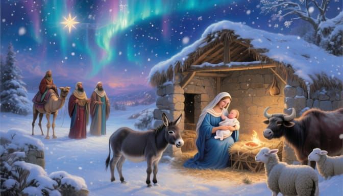 Serene Nativity Scene Under Aurora Sky