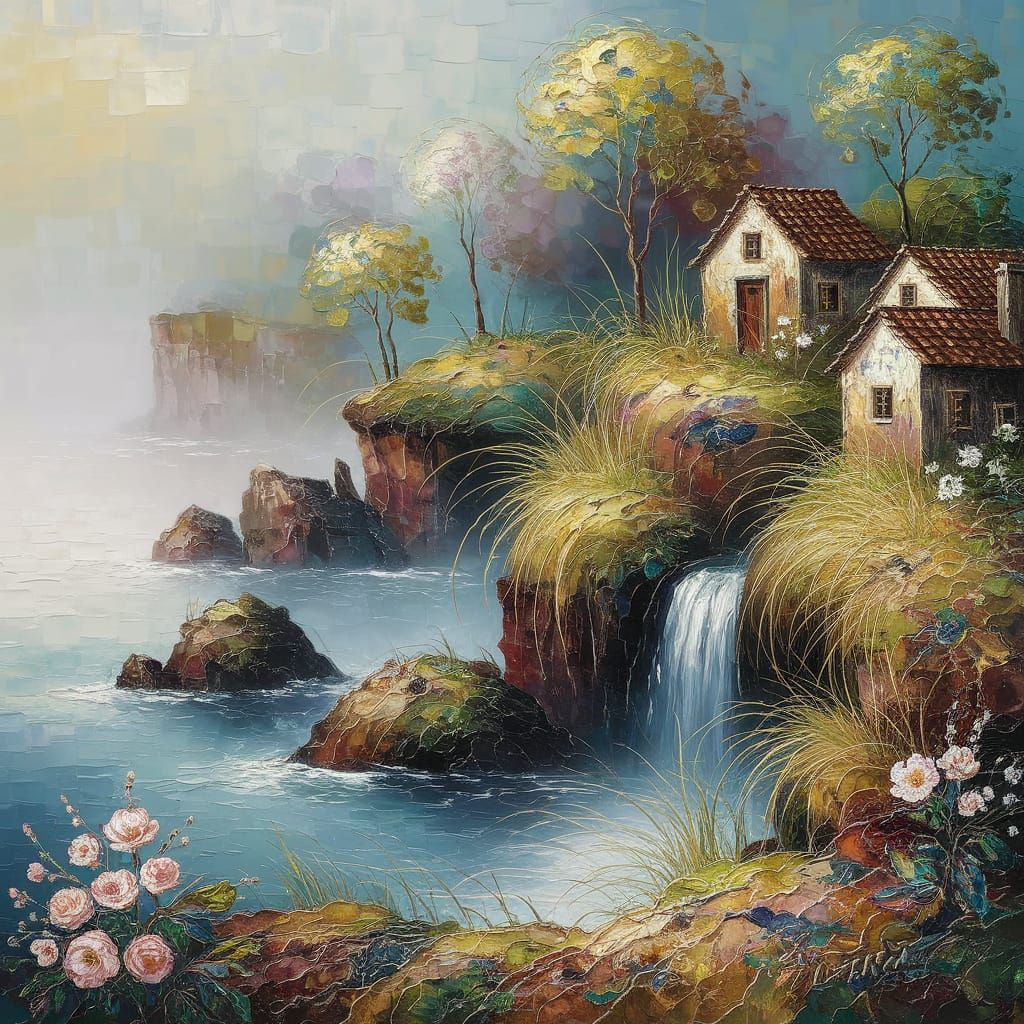 Misty Morning Seascape Impasto Painting with Rich Textures