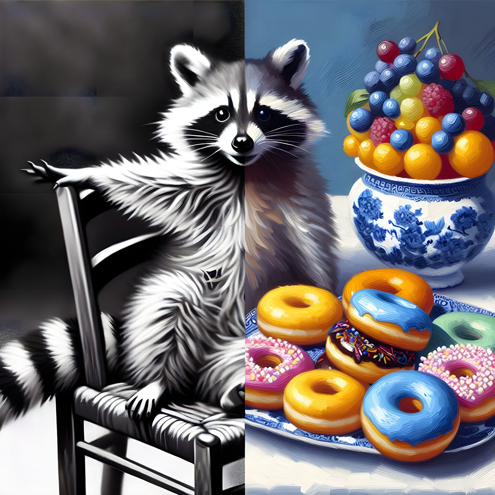 Raccoon Reaching for Donuts in Impasto Style