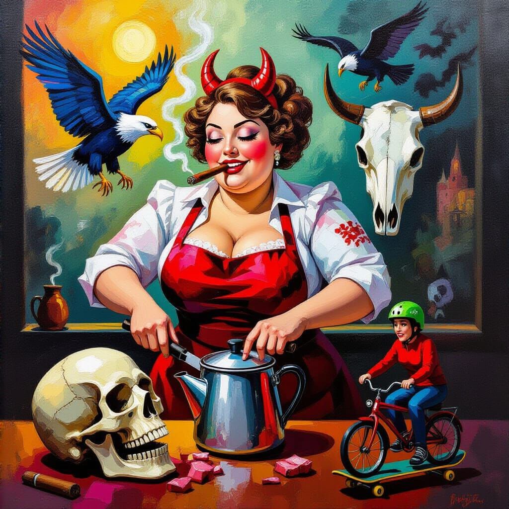 Superfat Butcher Woman with Eagles in Coffeepot, Neo-Impress...