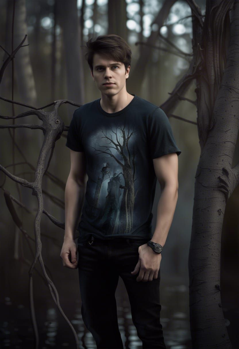 College Student in Haunted Forest, Dark Fantasy Art