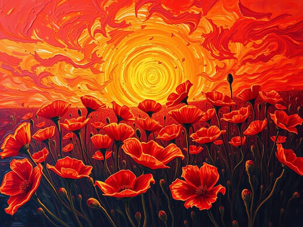 Fire-Red Flowers Bloom as Impasto Painting