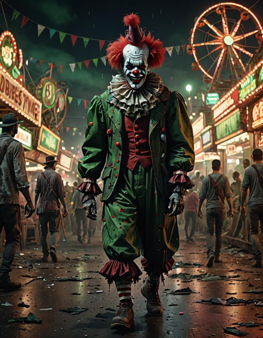 Zombie Clown Walks Rundown Carnival: Fantasy Concept Art