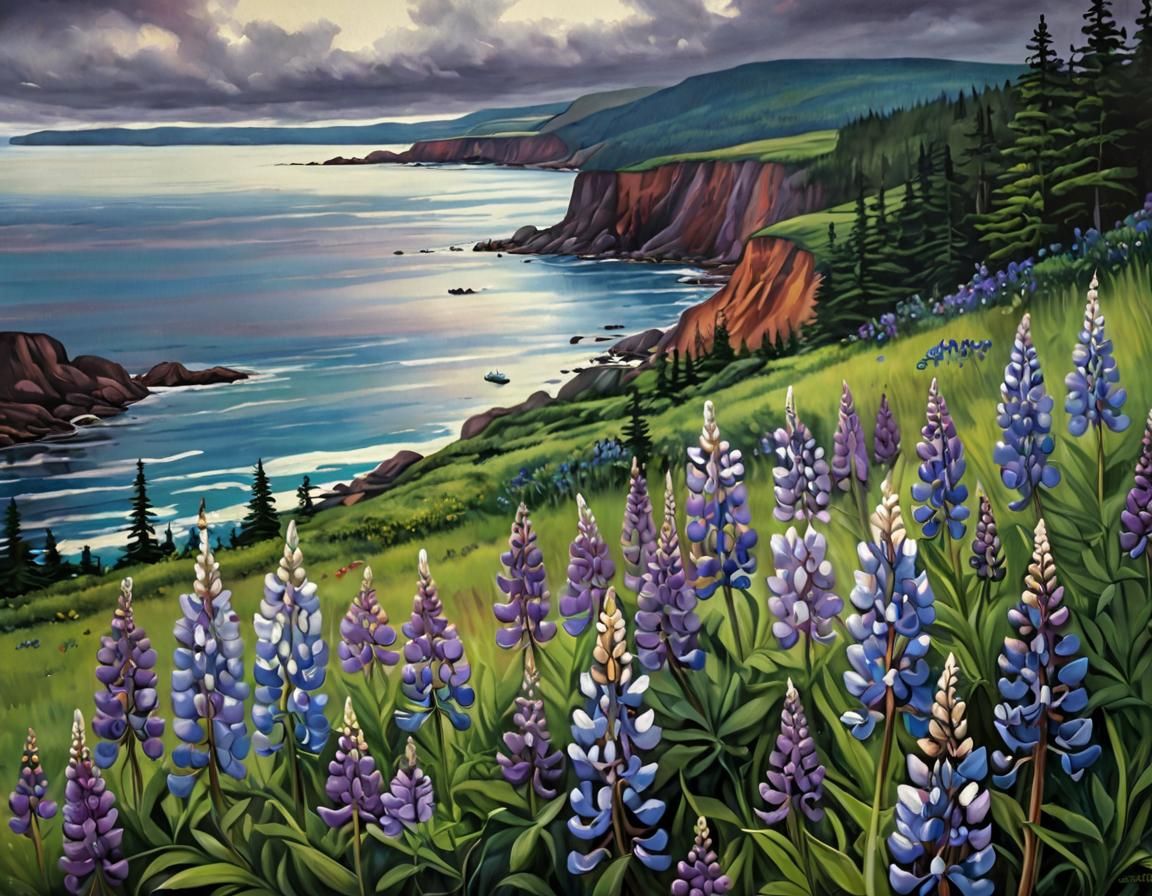 Lupine Field Oil Painting near Bay of Fundy