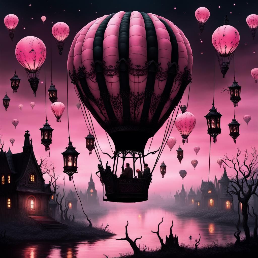 Spooky Hot Air Balloon Ascends to Moonlit Sky