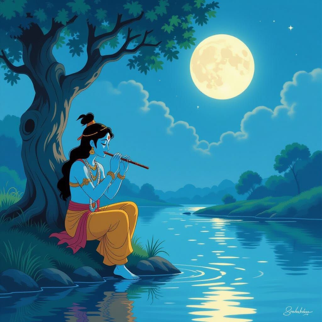 Krishna Flute Serenade in Ghibli Style
