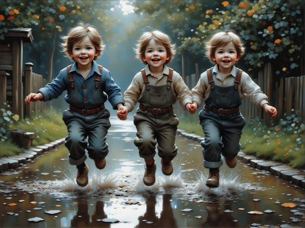 Joyful Children Leap into Puddles in Vibrant Evening Light