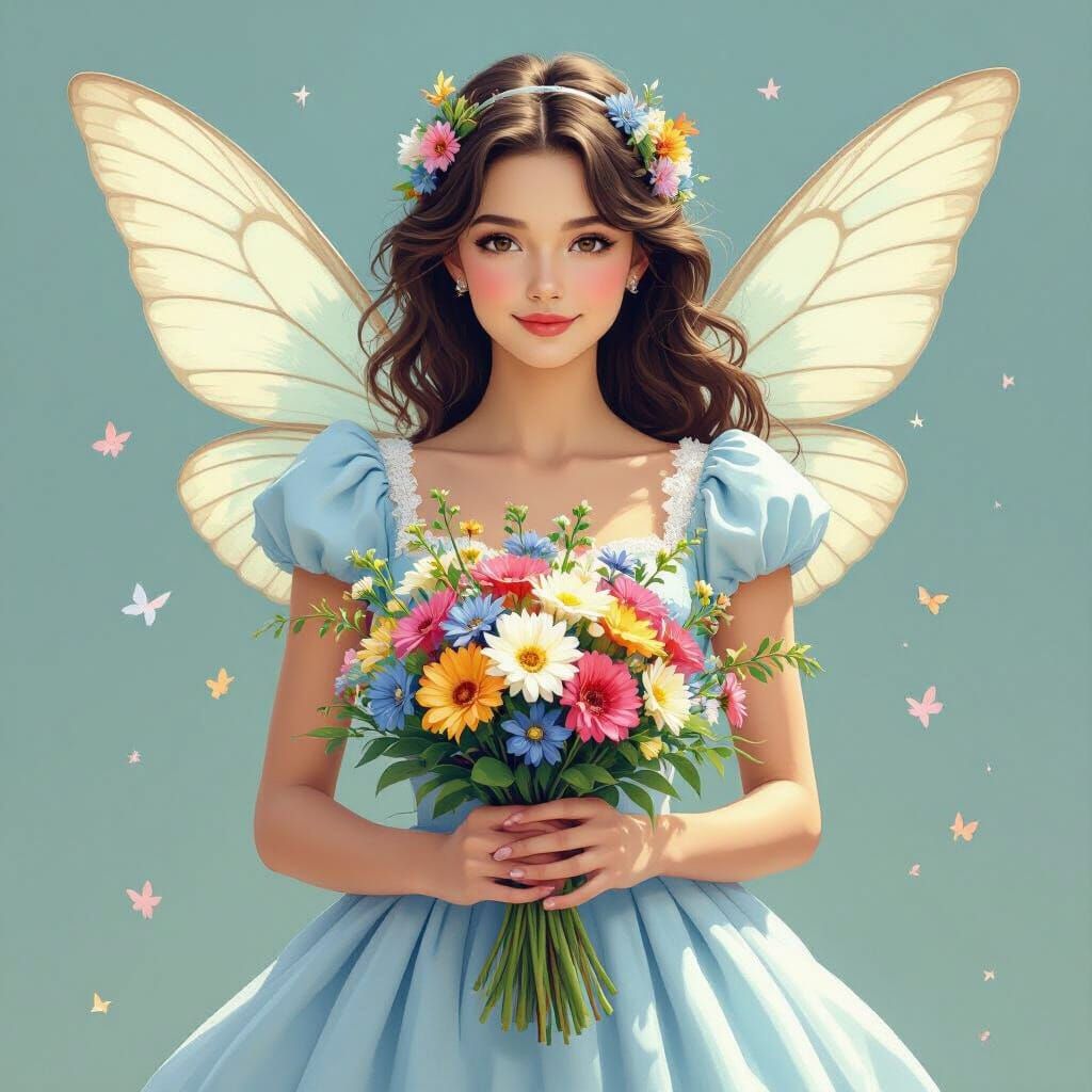 Charming Fairy Girl in Spring Dress with Flowers
