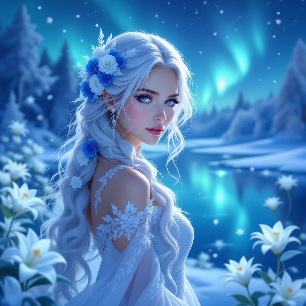 Snow-pale enchantress with icy silver hair and crystal-blue ...