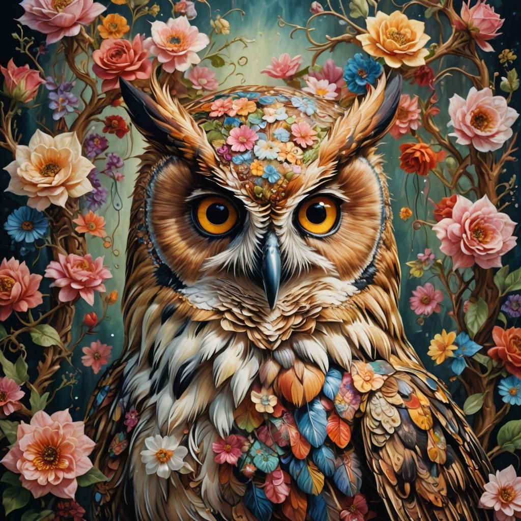 Floral Owl: Opulent Oil Painting in Fairytale Style