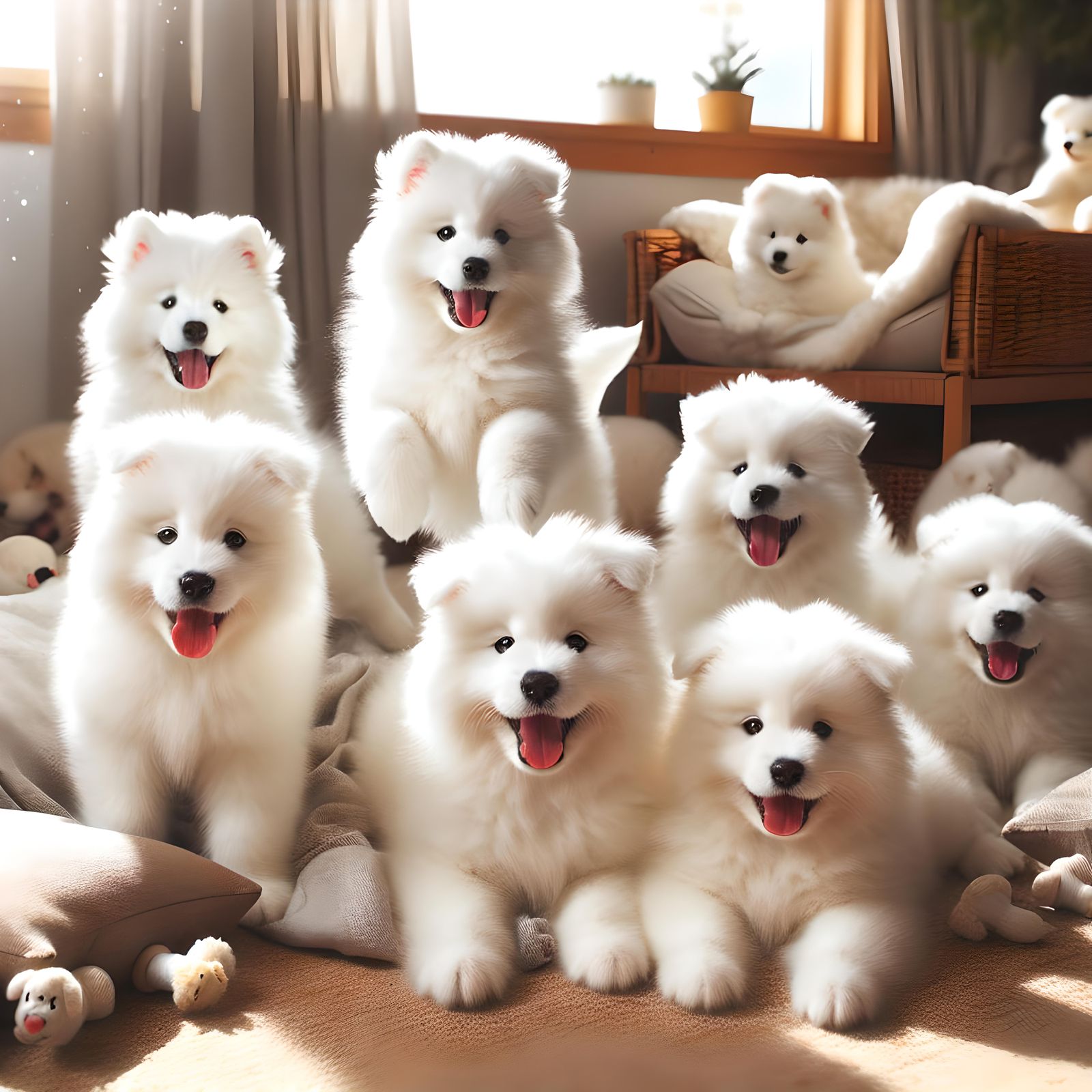 Playful Fluffy Samoyed Puppies in Sunny Den