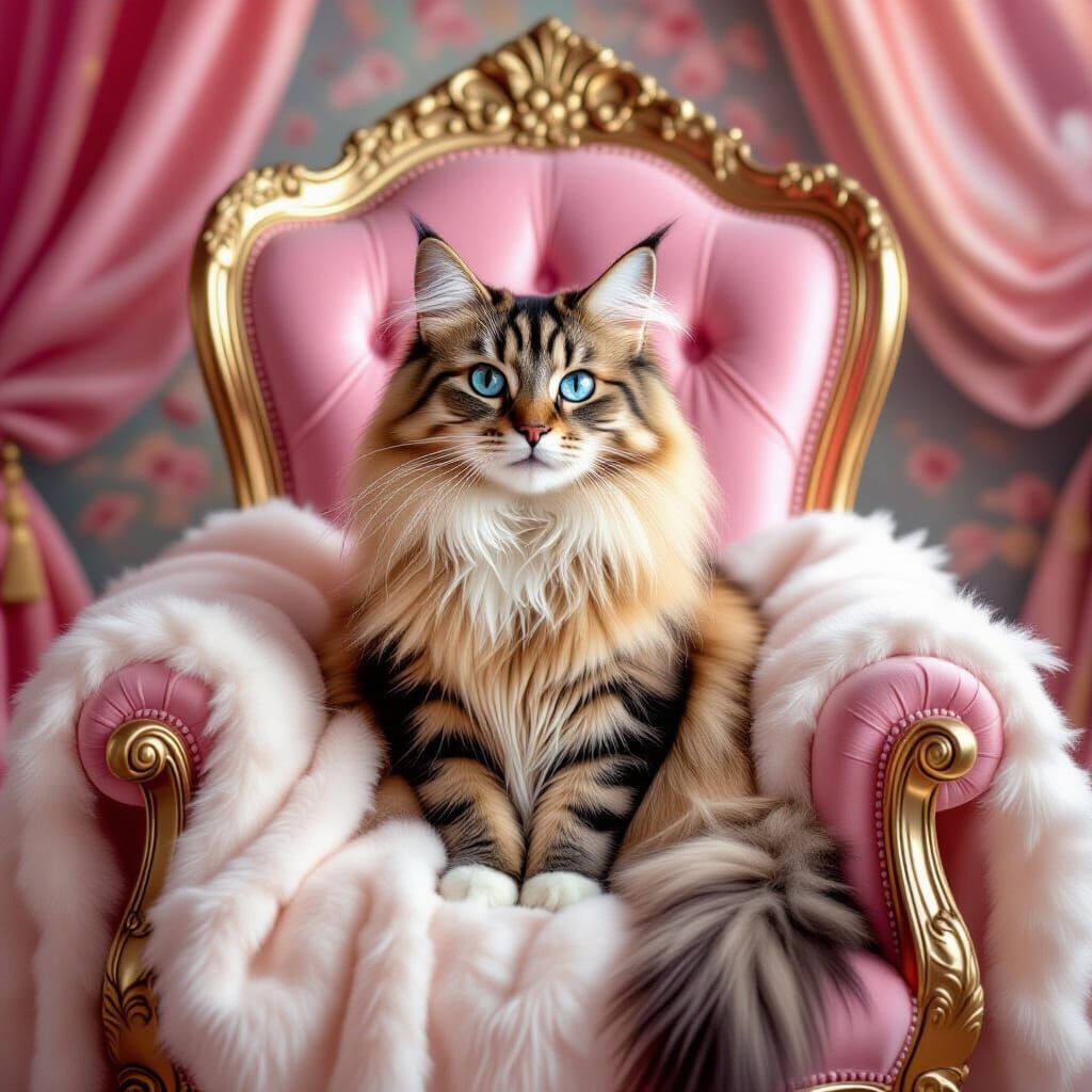Majestic Long-Haired Cat on Pink Throne in Rococo Style
