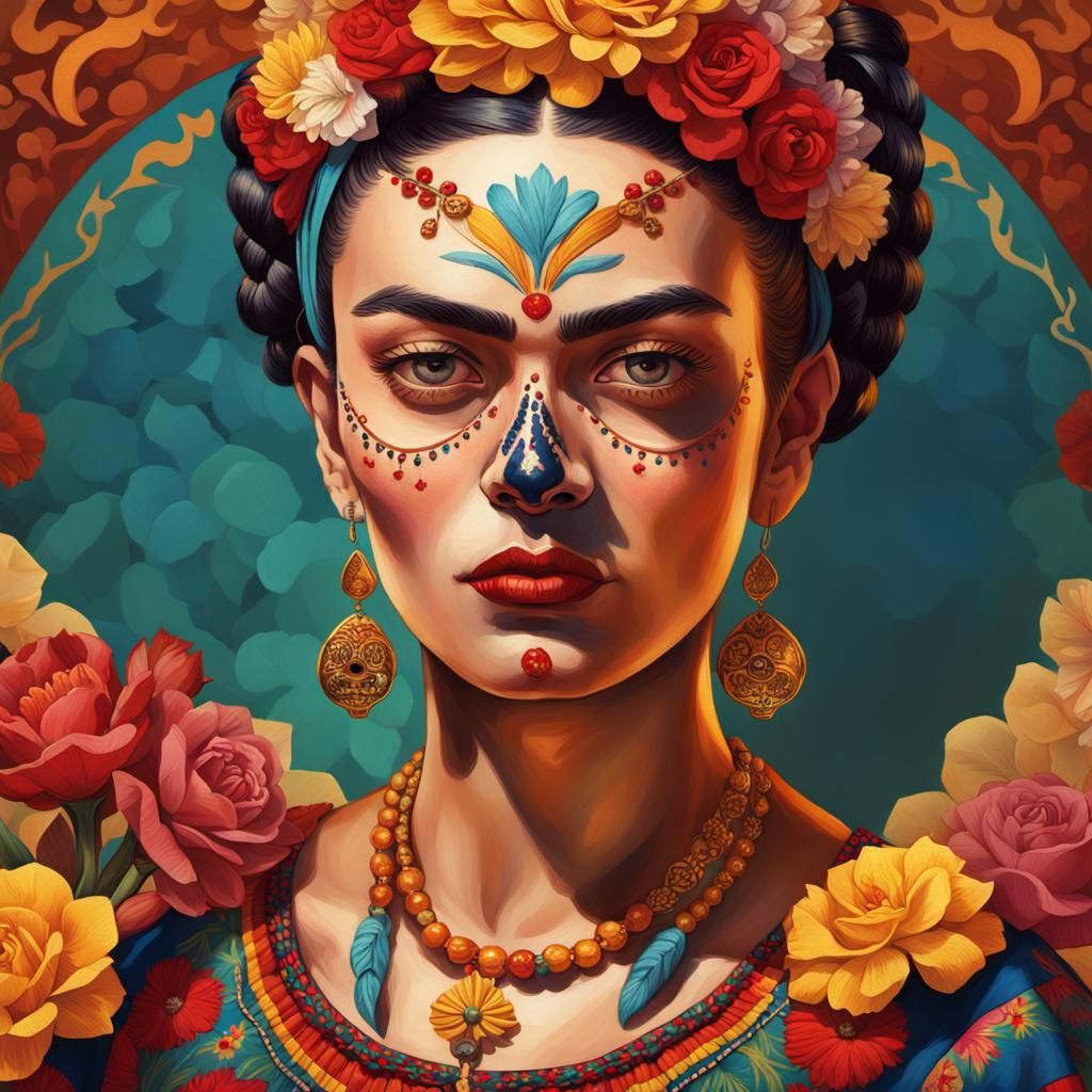 Frida Kahlo Inspired Portrait with Sugar Skull