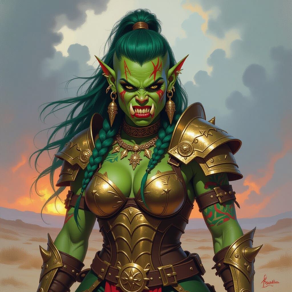 Fierce Female Orc Barbarian in Gold Armor