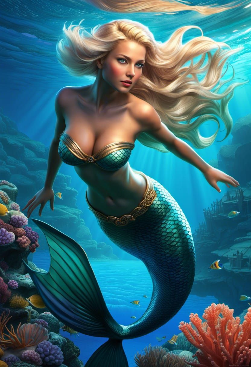 A beautiful blonde mermaid exploring the beauty of the ocean