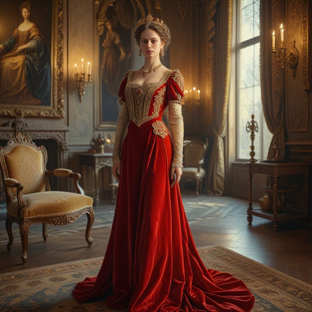 Renaissance Queen in Castle: Luxurious Oil Painting