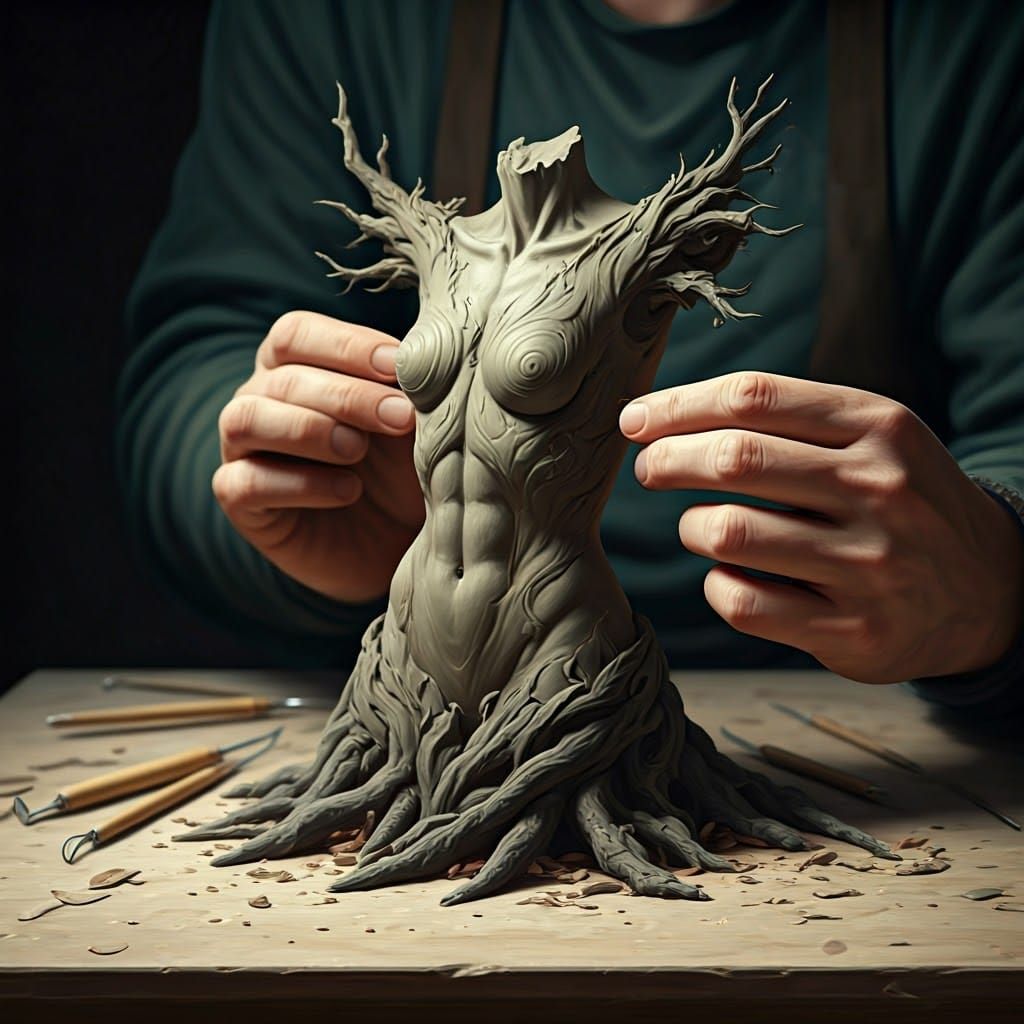Clay Wood-Nymph Figure in Matte Painting Style