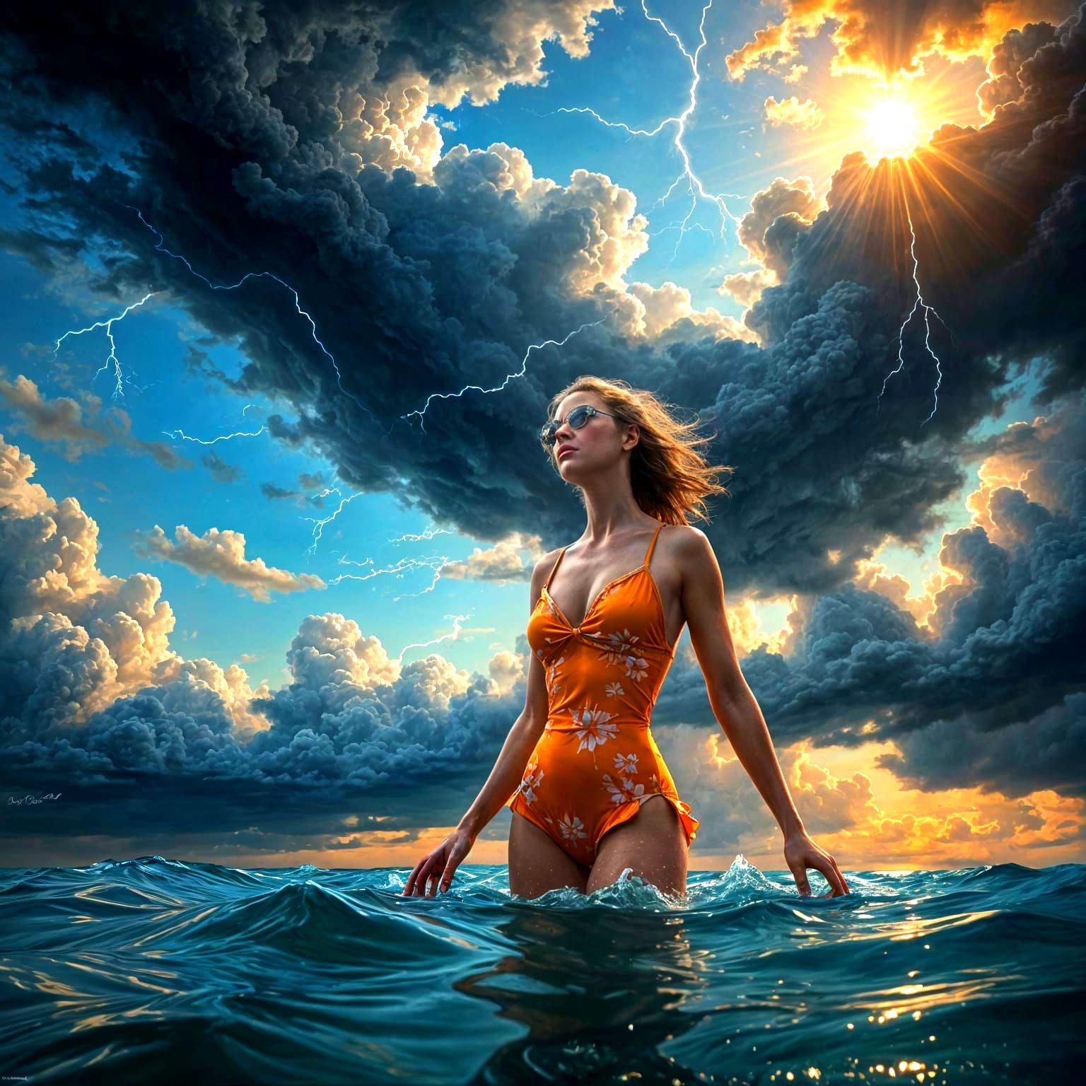 Surreal Swimming Figure Amidst Stormy Skies