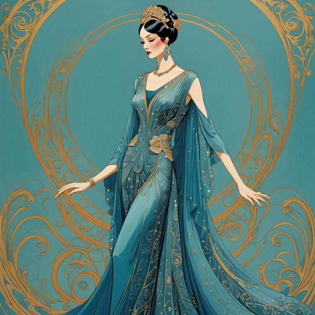 Art Deco Gown in Blue and Turquoise, Erté Style