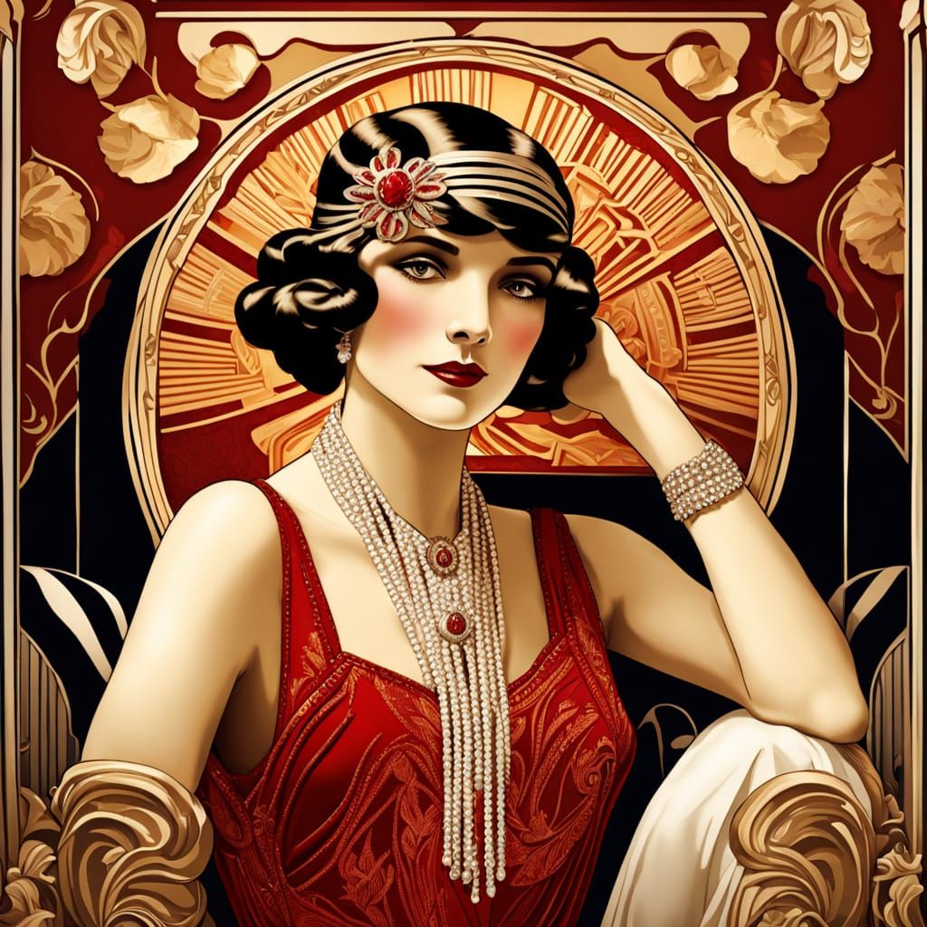 Art Deco Woman in Red Flapper Dress
