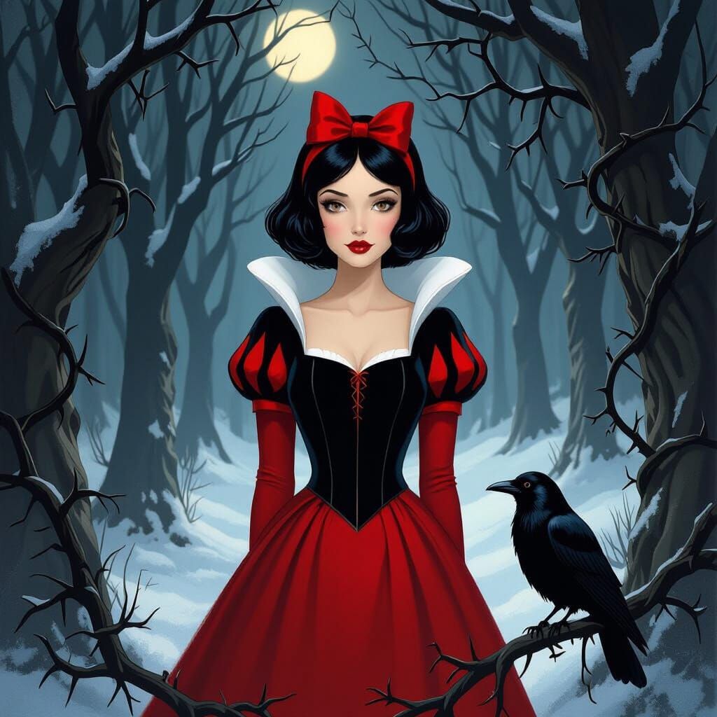 Snow White in Dark Forest with Raven and Vines