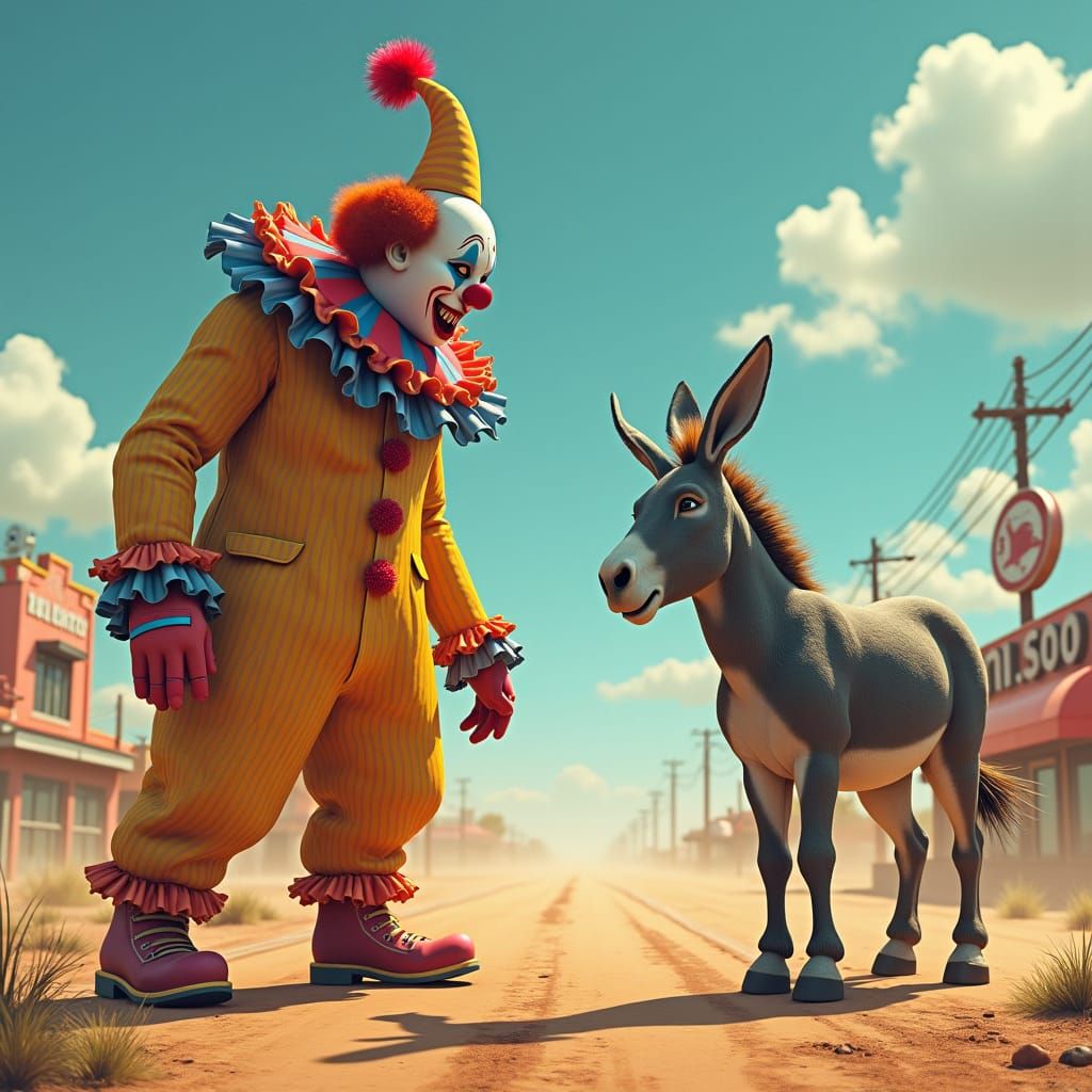 Clown Confronts Donkey on American Highway